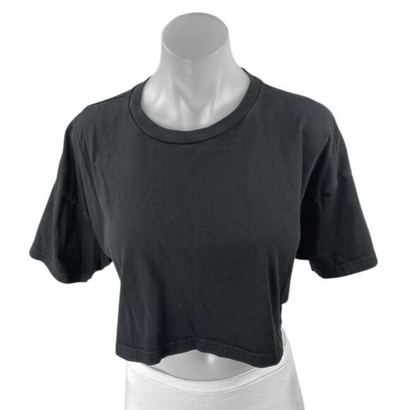 Aritzia TNA Women's Black Knit Short Sleeve Crew Neck Crop Tee T-Shirt Top Sz L - Picture 1 of 4